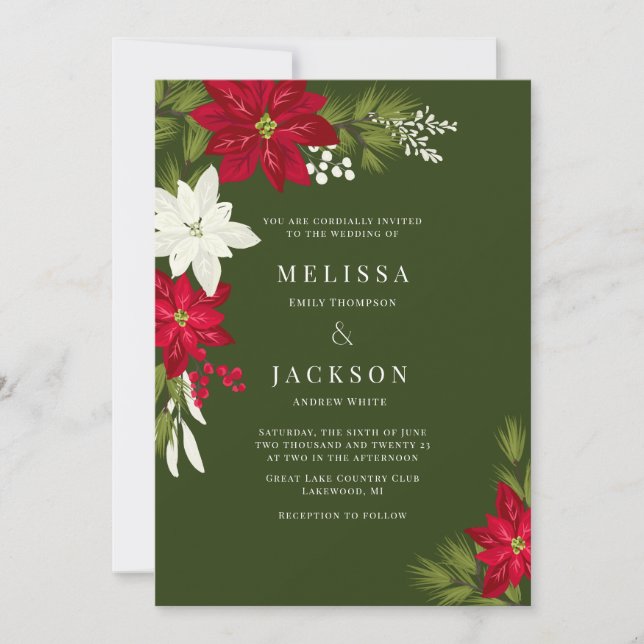 Poinsettia Blume and Pine Wedding Green Einladung (Vorderseite)