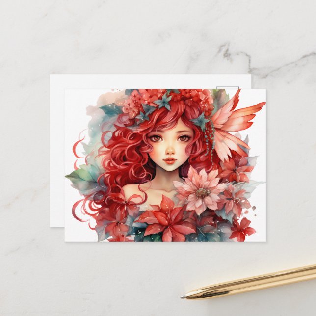 Poinsettia Blume Fairy Girl Postkarte (Vorderseite/Rückseite Beispiel)