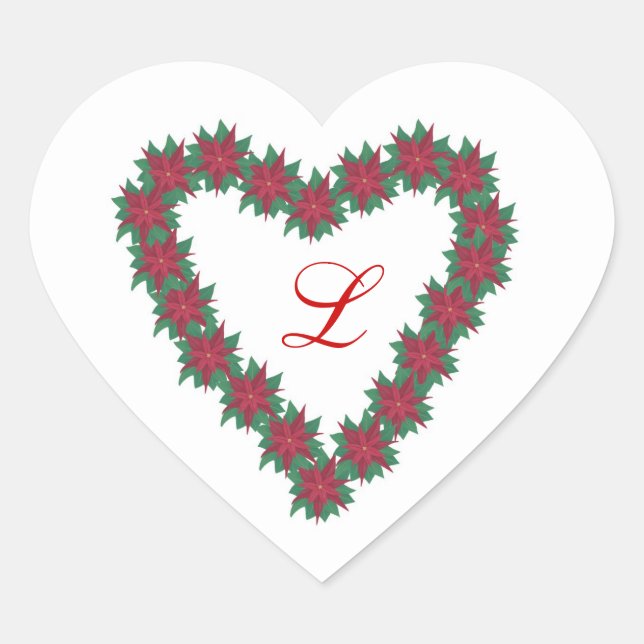 Poinsettia Blume Heart Shaped Monogram Stickers (Vorderseite)