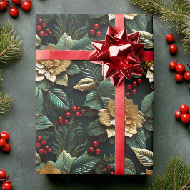 Poinsettia Blume in Gold 3D in Green | Weihnachten Geschenkpapier