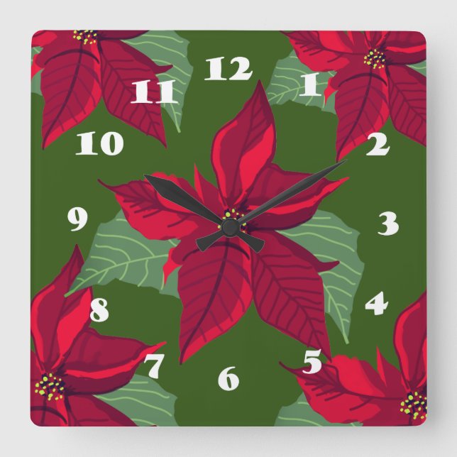 Poinsettia Blume Quadratische Wanduhr (Vorderseite)