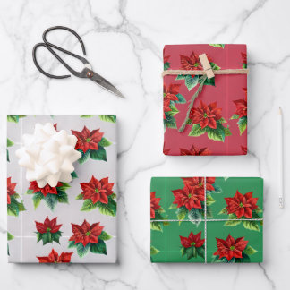 Poinsettia Blume rot, grün, weiß Hintergrund. Geschenkpapier Set