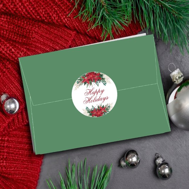 Poinsettia Blume Rot und Grün Runder Aufkleber (Von Creator hochgeladen)