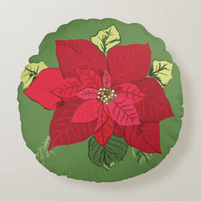 Poinsettia-Blume Rundes Kissen (Vorderseite)