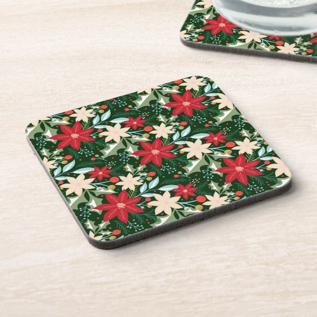 Poinsettia Blume und Blätter Weihnachten Getränkeuntersetzer (Linke Seite)