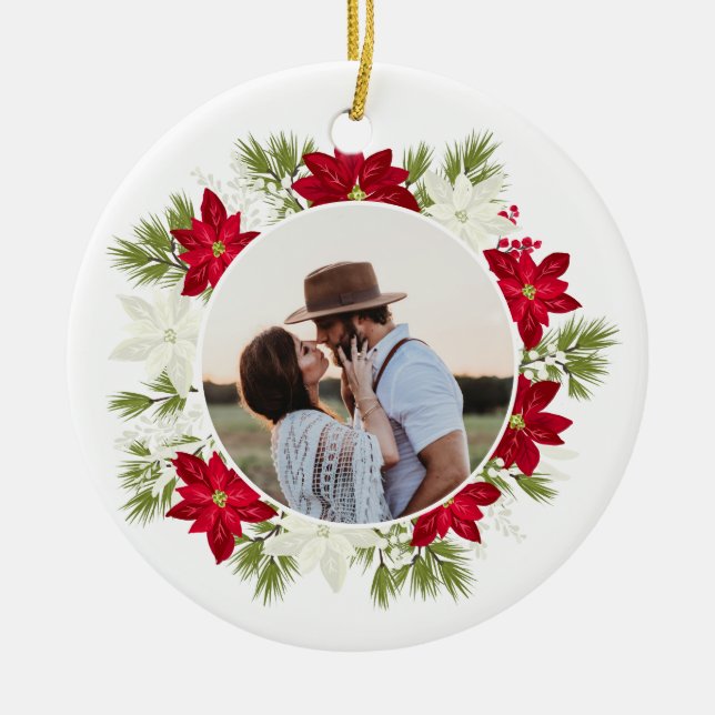 Poinsettia Blume und Kiefernholz Foto Keramik Ornament (Vorne)