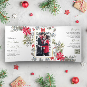 Poinsettia-Blumen-Foto-QR-Code-Christmas-Hochzeit Dreifach Gefaltete Einladung