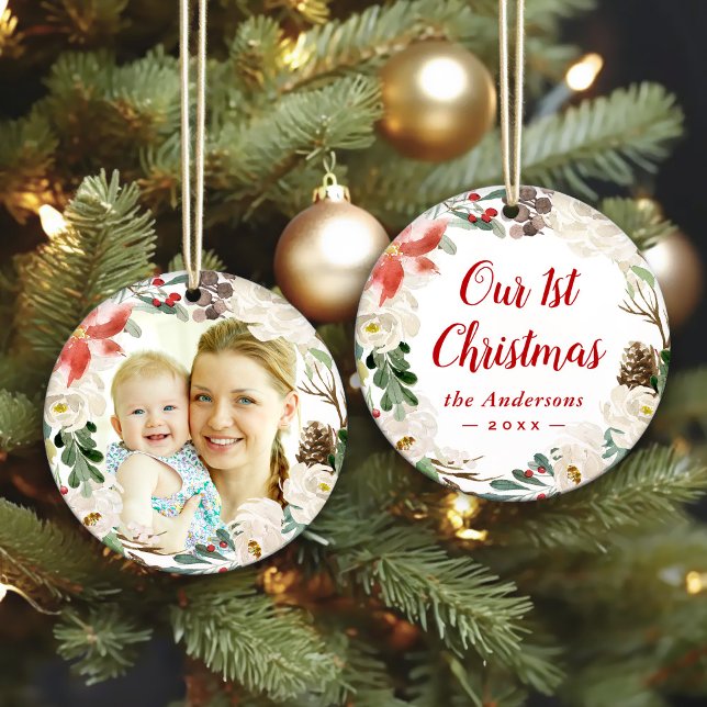 Poinsettia Blumenreath Erstes Weihnachtsfest Foto Ornament (Sample)