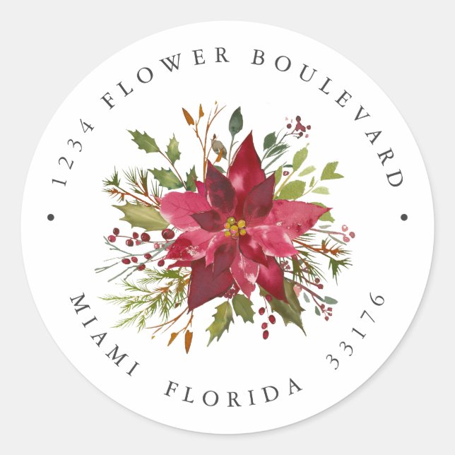 Poinsettia Bouquet Botanische Rücksendeadresse Runder Aufkleber (Vorderseite)
