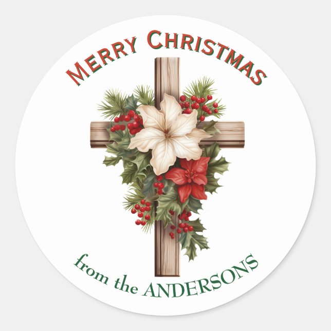 Poinsettia Bouquet Christmas Cross Runder Aufkleber (Vorderseite)