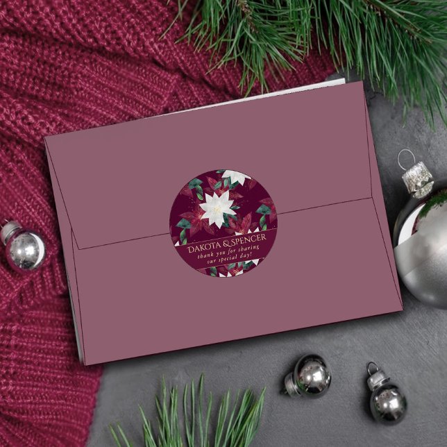 Poinsettia Burgund und Aquamarine Hochzeit Runder Aufkleber (Von Creator hochgeladen)