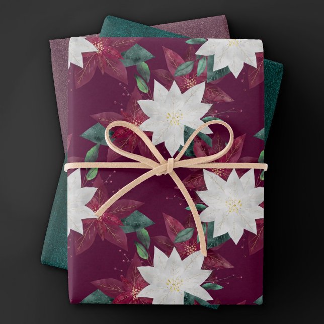 Poinsettia Burgund und Aquamarine Winterferien Geschenkpapier Set (Von Creator hochgeladen)