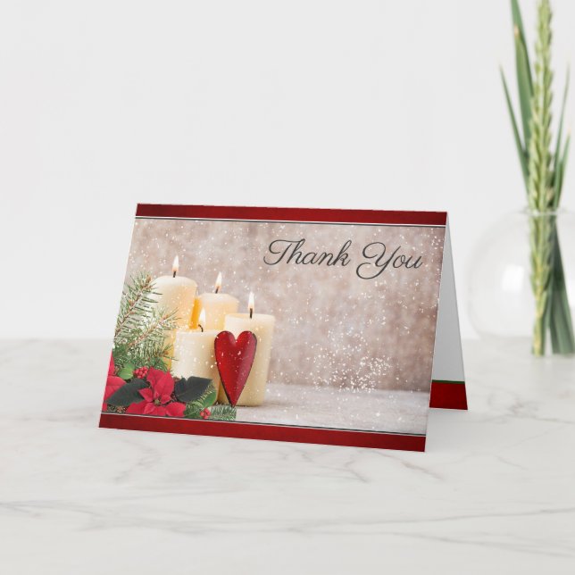 Poinsettia, Candles & Greenery Wedding Dankeskarte (Vorderseite)