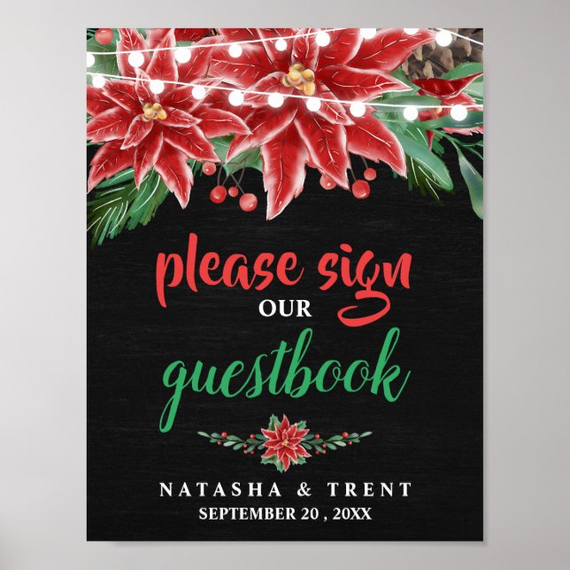 Poinsettia Chalkboard Weihnachtsbuchhochzeit Poster (Vorne)
