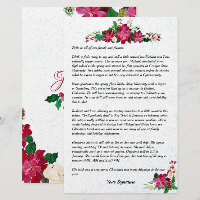 Poinsettia Christmas Family Newsletter - Ihr Text Briefpapier (Vorne/Hinten)