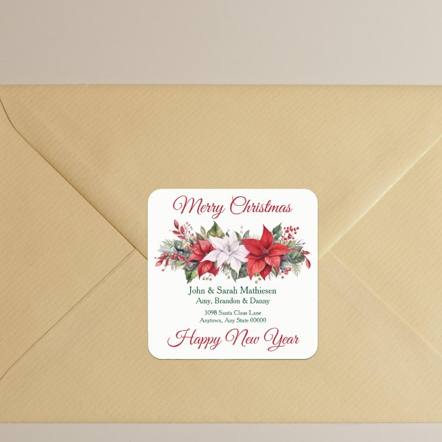 Poinsettia Christmas Flower Return Address Quadratischer Aufkleber (Von Creator hochgeladen)