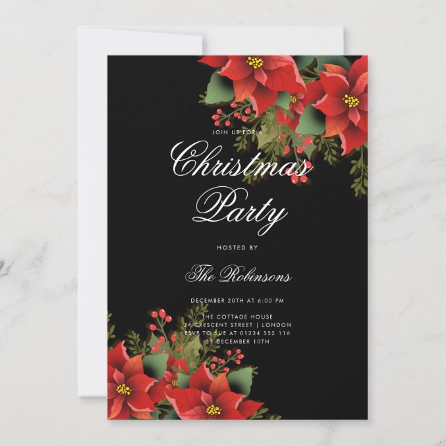 Poinsettia Christmas Invite Program & Menu Black Einladung (Vorderseite)
