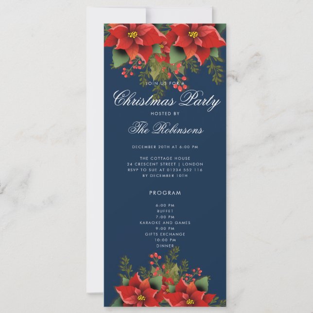 Poinsettia Christmas Invite Program & Menu Navy Einladung (Vorderseite)