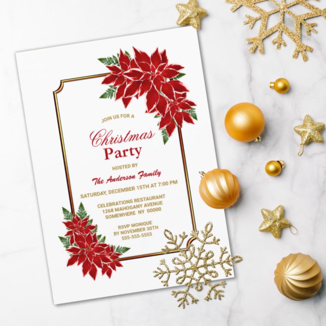 Poinsettia Christmas Party Gold Borden Einladung (Von Creator hochgeladen)