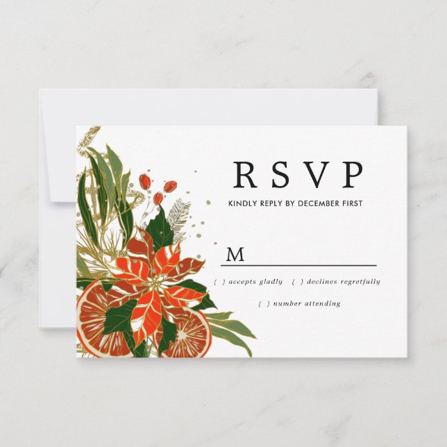 Poinsettia Citrus Gold Winter Wedding UAWG RSVP Karte (Vorderseite)