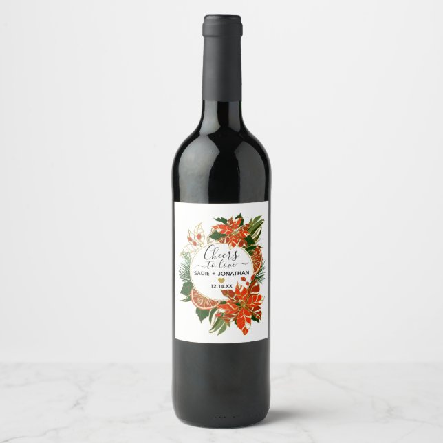 Poinsettia Citrus Gold Winter Wedding Weinetikett (Vorderseite)