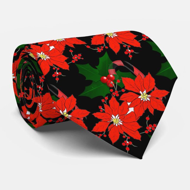 Poinsettia de Noël rouge sur le Cravate noir (Roulé)