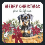 Poinsettia Doberman Pinscher Christmas Basket Quadratischer Aufkleber<br><div class="desc">Dieser hübsche Korrespondenz- oder Geschenkverpackung Holiday Aufkleber zeigt einen Korb aus roten Poinsettienblüten,  weißen Blume,  roten Beeren und Kiefernholz. In der Mitte sitzt ein bezaubernder Doberman Pinscher Welpe. Oben steht ein roter Text,  der MERRY CHRISTMAS sagt,  mit Ihrer Unterschrift in grüner Schrift darunter.</div>