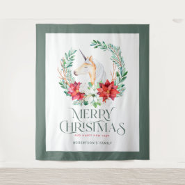 Poinsettia Einhornkranz und Weihnachtstypografie Wandteppich