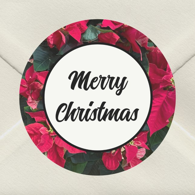 Poinsettia Elegant Black Text Frohe Weihnachten Runder Aufkleber (Von Creator hochgeladen)
