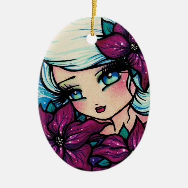 Poinsettia-Elf-Fantasie-Kunst durch Hannah Lynn Keramikornament (Vorne)