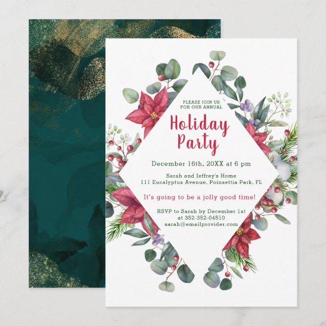 Poinsettia, Eukalyptus-Blätter, Weihnachten mit Ro Einladung (Vorne/Hinten)