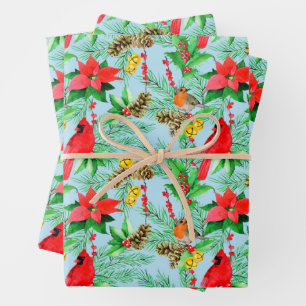 Poinsettia Fichten Zweige Zapfen Rotkehlchen Kardi Geschenkpapier Set