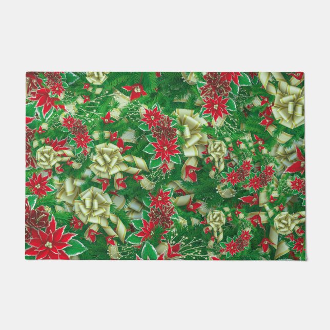 Poinsettia Fir Blätter Ribbons Blumenweihnachtsfes Fußmatte (Vorderseite)