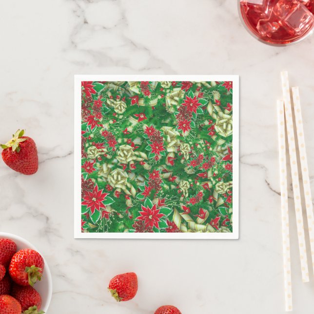 Poinsettia Fir Blätter Ribbons Blumenweihnachtsfes Serviette (Beispiel)