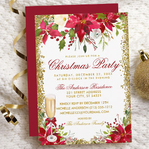 Poinsettia Floral Champagne Glass Weihnachts-Party Einladung