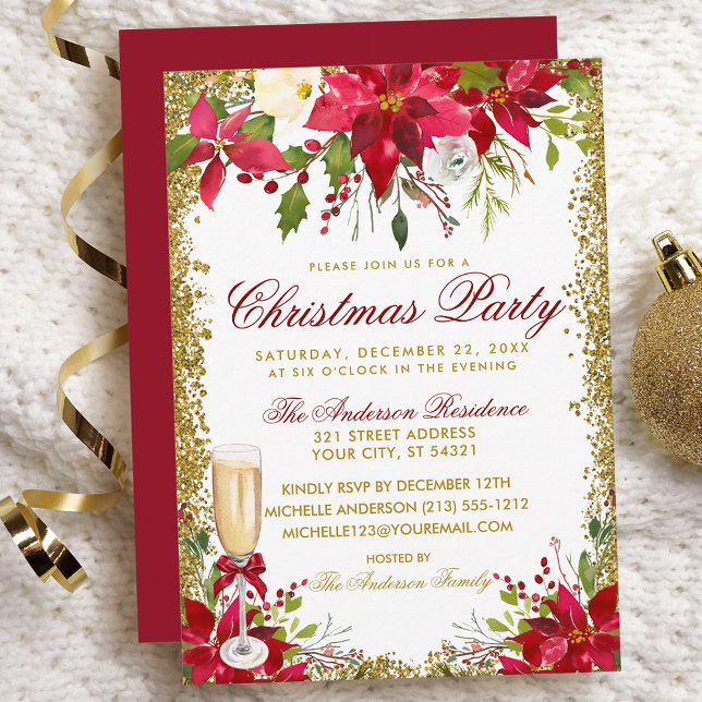 Poinsettia Floral Champagne Glass Weihnachts-Party Einladung (Customize to change text color, size, style or to change color of back of card.)
