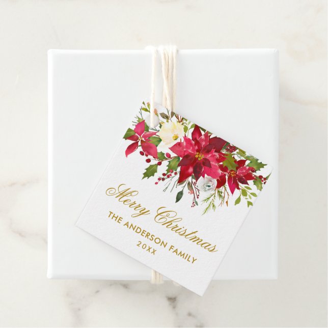 Poinsettia Floral Christmas Square Gold Geschenkanhänger (Beispiel)