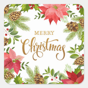 Poinsettia Floral Christmas Urlaub Quadratischer Aufkleber