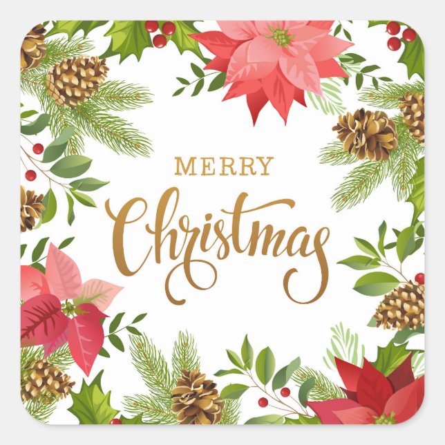 Poinsettia Floral Christmas | Urlaub Quadratischer Aufkleber (Vorderseite)