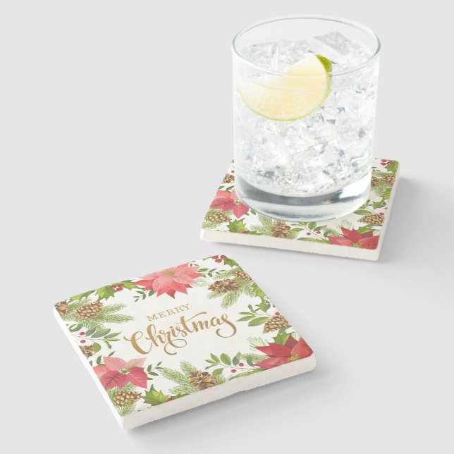 Poinsettia Floral Christmas | Urlaub Steinuntersetzer (Seitenansicht)