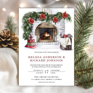 Poinsettia Floral Fireplace Christmas Wedding Einladung