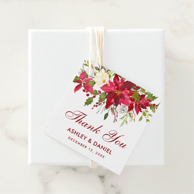 Poinsettia Floral Square Red Wedding Vielen Dank Geschenkanhänger (Beispiel)