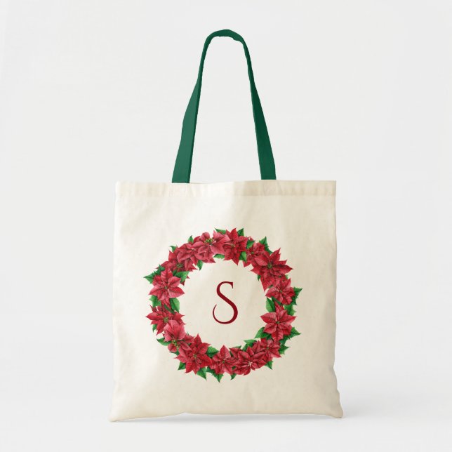 Poinsettia Floral Wreath Monogramm Tragetasche (Vorne)
