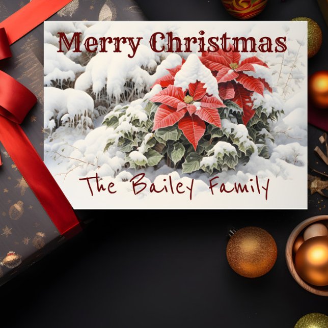 Poinsettia Frohe Weihnachten Karte (A Christmas card depicting red poinsettias in the snow is shown with a present and decorations.)