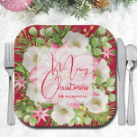 Poinsettia Frohe Weihnachten Pappteller<br><div class="desc">Personalisierte quadratische große Teller mit modernen,  eleganten Blume und einer rosa Poinsettia mit frohen Weihnachten und Ihrem Namen in schicker Schrift. PASSENDE Artikel in unserem Geschäft.</div>