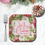 Poinsettia Frohe Weihnachten Pappteller<br><div class="desc">Personalisierte quadratische Teller mit modernen,  eleganten Blume und einer rosa Poinsettia mit frohen Weihnachten und Ihrem Namen in schicker Schrift. PASSENDE Artikel in unserem Geschäft.</div>