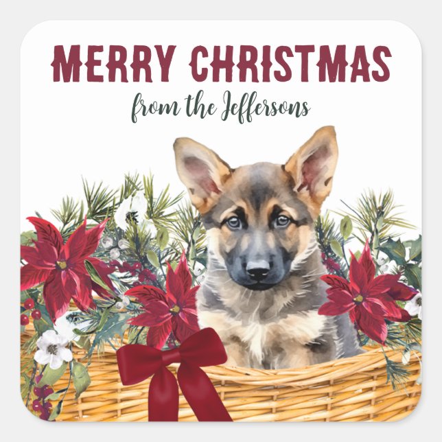 Poinsettia German Shepherd Christmas Basket Quadratischer Aufkleber (Vorderseite)