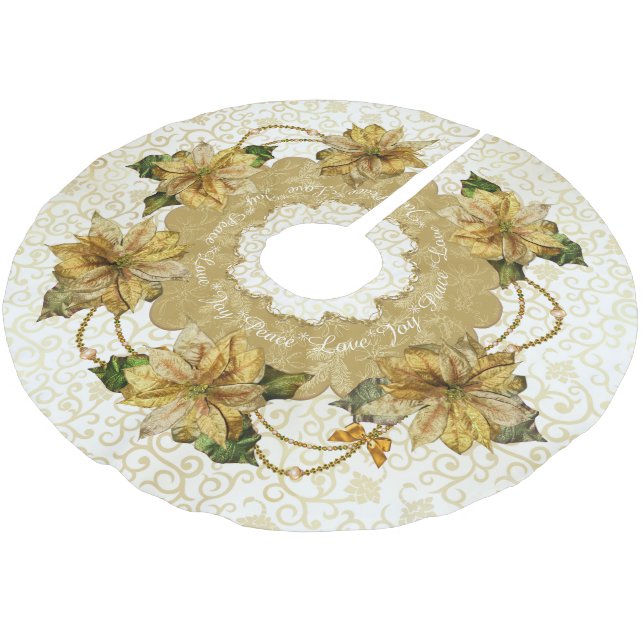 Poinsettia Gold Christmas Tree Skirt Polyester Weihnachtsbaumdecke (Schrägansicht)