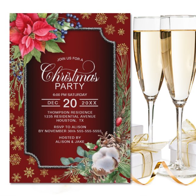 Poinsettia Gold Snowflakes Rotes Weihnachtsfest Pa Einladung (Von Creator hochgeladen)