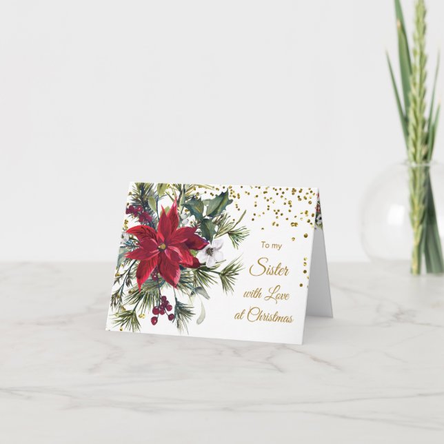 Poinsettia, goldene Konfetti Schwester Weihnachten Karte (Vorderseite)